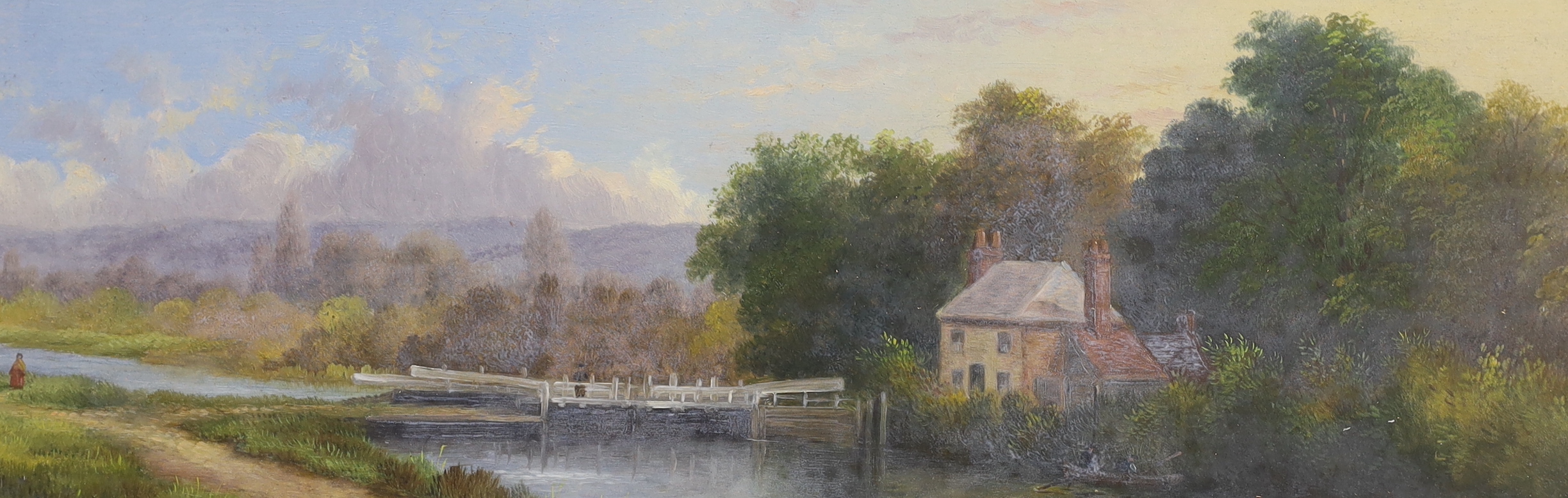 English School circa 1900, pair of oils on board, Canal scenes, indistinctly monogrammed, each 35 x 12cm